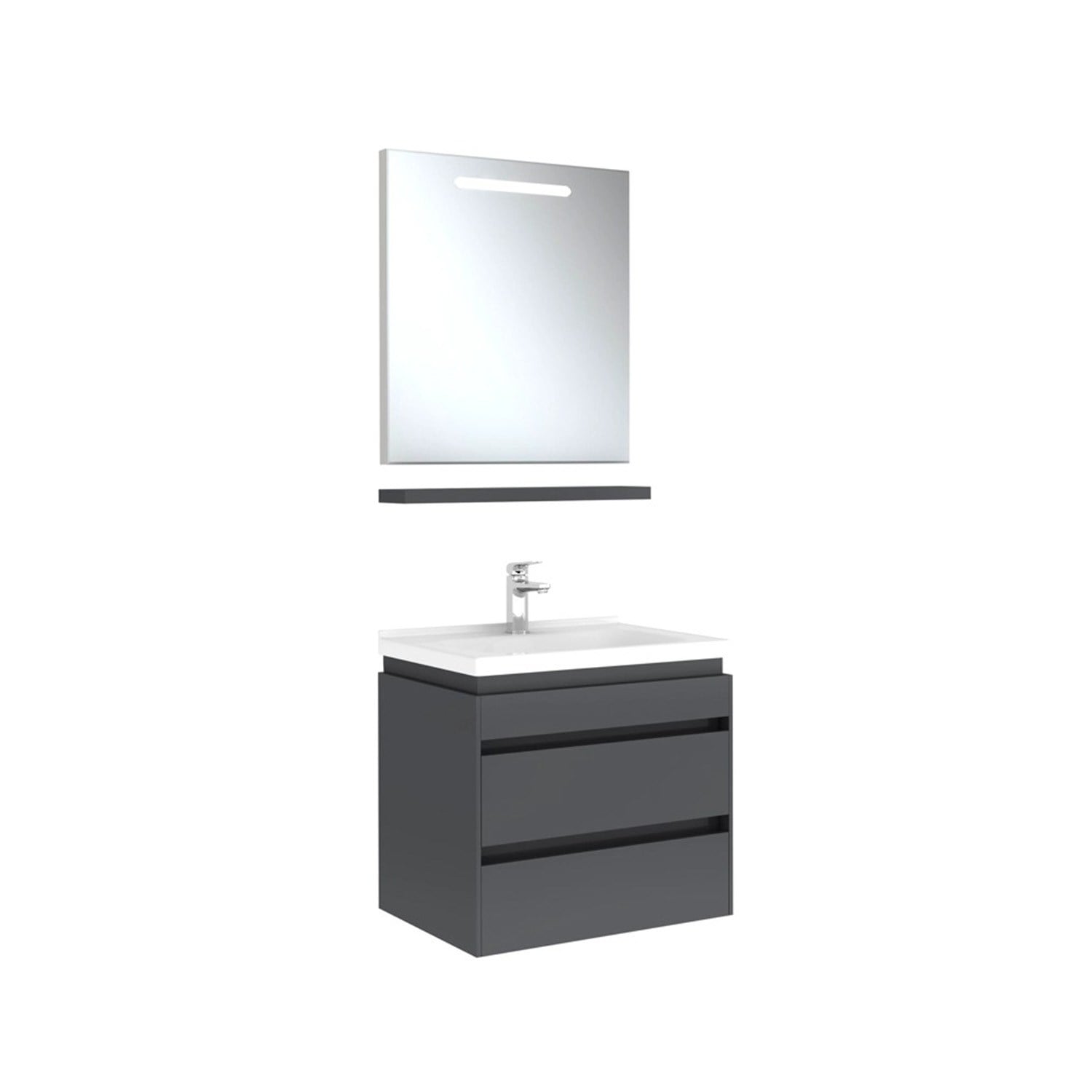 610100200523IDEA 2.0  65 CM PARLAK ANTRASİT 2 ÇEKMECELİ ALT DOLAP + LAVABO + 65 CM LED AYDINLATMALI PARLAK ANTRASİT AYNA DOLAP