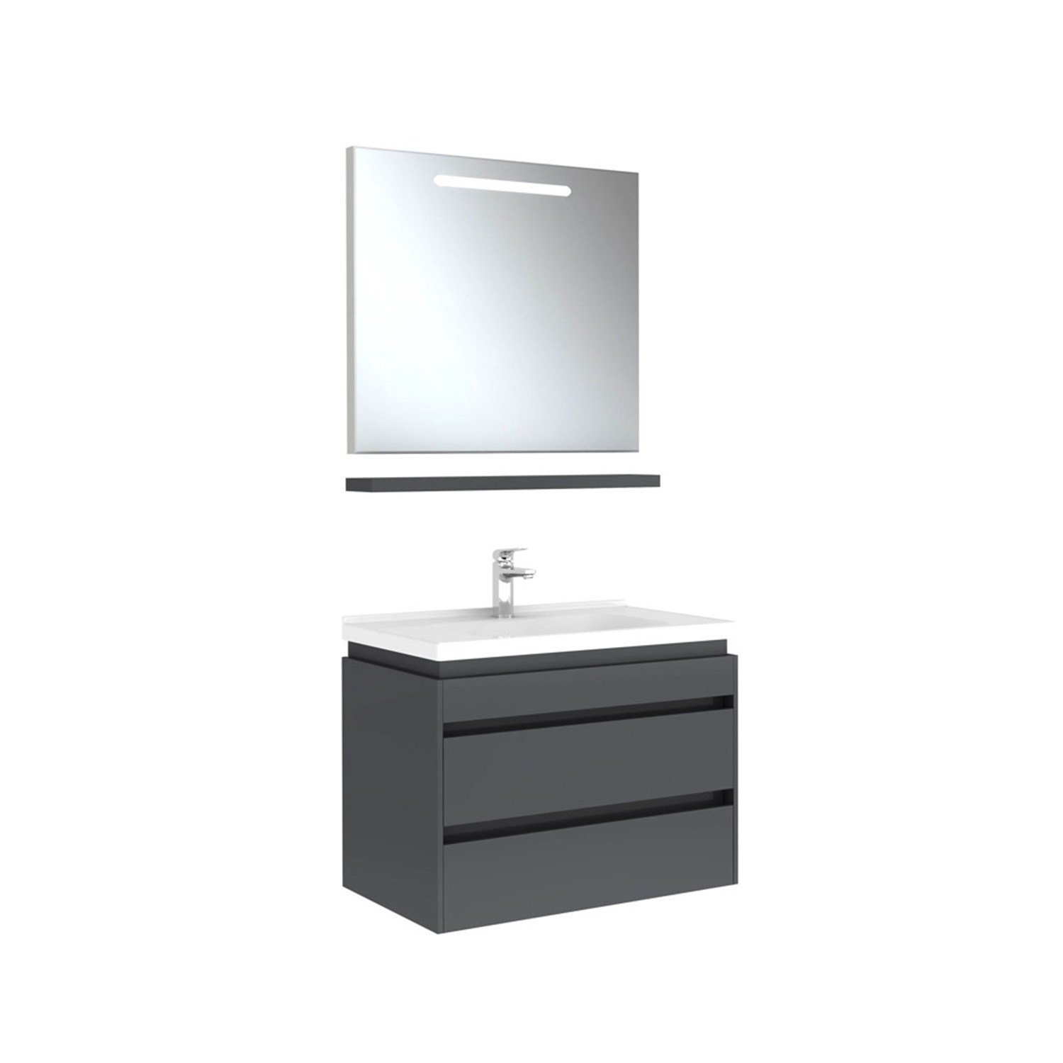 610100200527IDEA 2.0  80 CM PARLAK ANTRASİT 2 ÇEKMECELİ ALT DOLAP + LAVABO + 80 CM LED AYDINLATMALI PARLAK ANTRASİT AYNA DOLAP