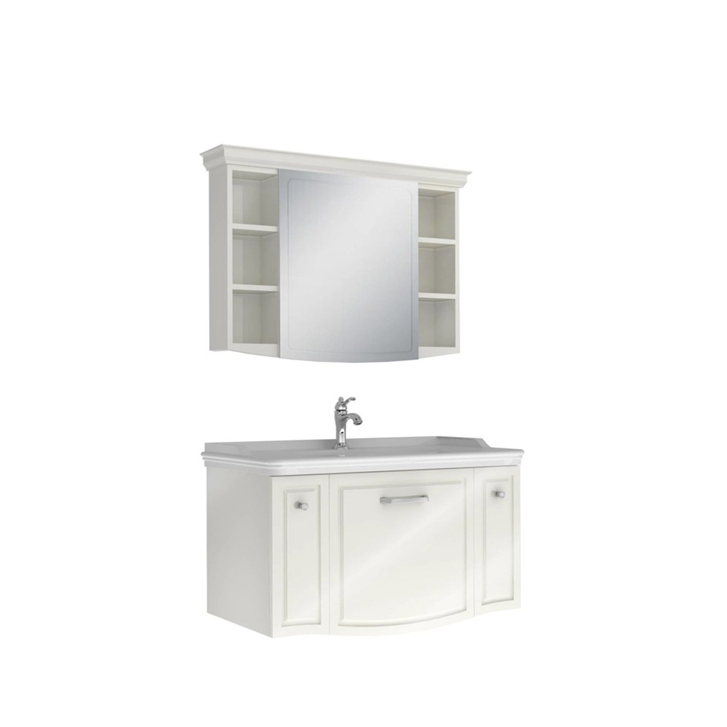 610100200752ARTE 100 CM PARLAK BEYAZ ALT DOLAP KROM KULPLU + LAVABO + 100 CM PARLAK BEYAZ AYNA DOLAP
