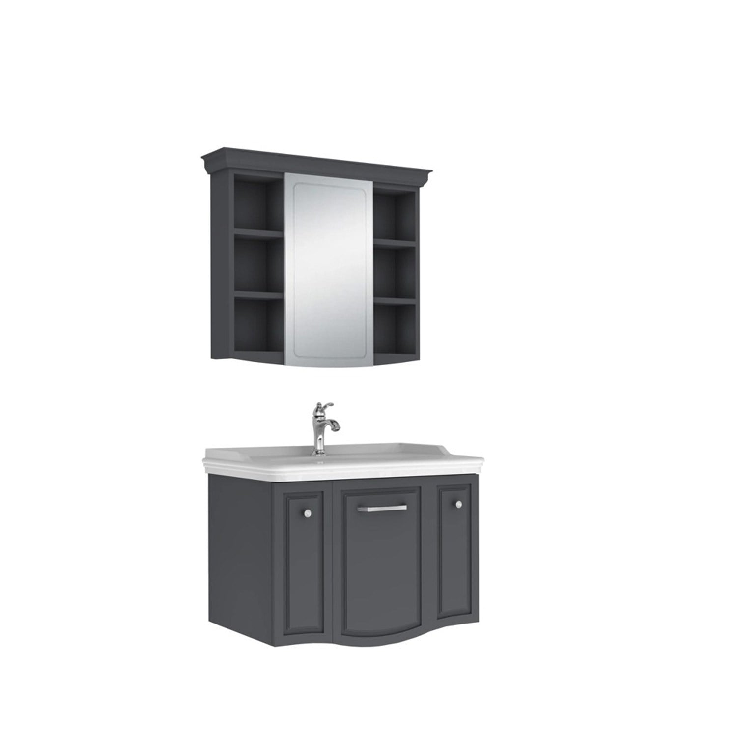 610100200760ARTE 80 CM MAT ANTRASİT ALT DOLAP KROM KULPLU + LAVABO + 80 CM MAT ANTRASIT AYNA DOLAP