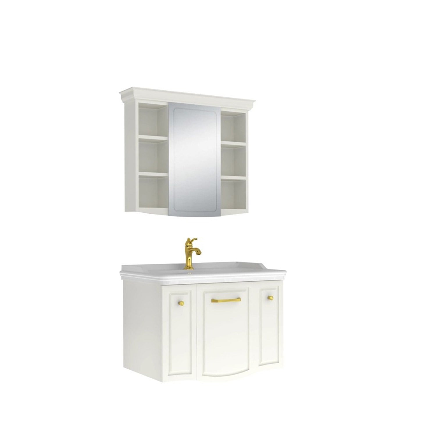 610100200863ARTE 80 CM PARLAK BEYAZ ALT DOLAP ALTIN KULPLU + LAVABO + 80 CM PARLAK BEYAZ AYNA DOLAP