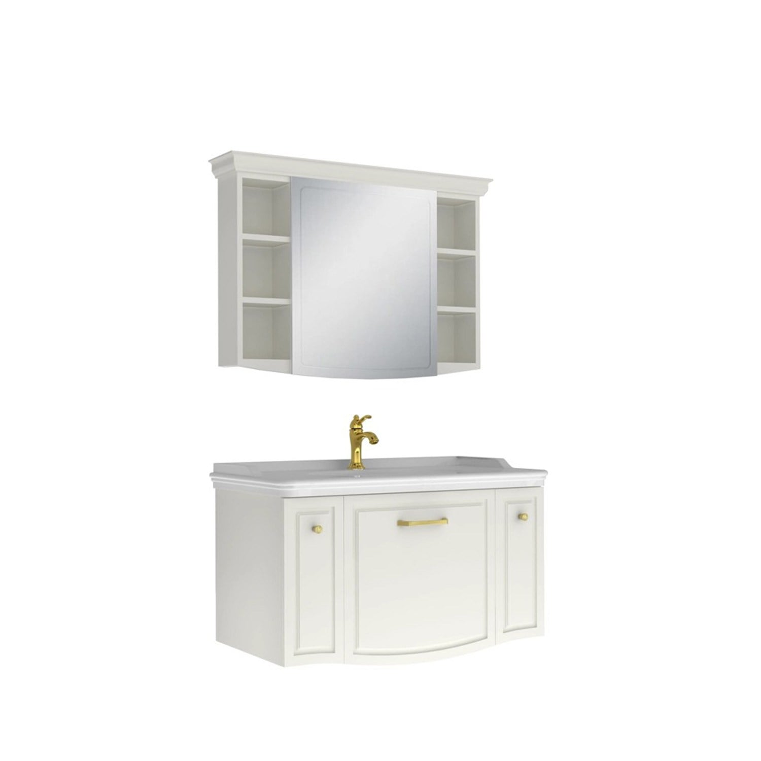 610100200864ARTE 100 CM PARLAK BEYAZ ALT DOLAP ALTIN KULPLU + LAVABO + 100 CM PARLAK BEYAZ AYNA DOLAP