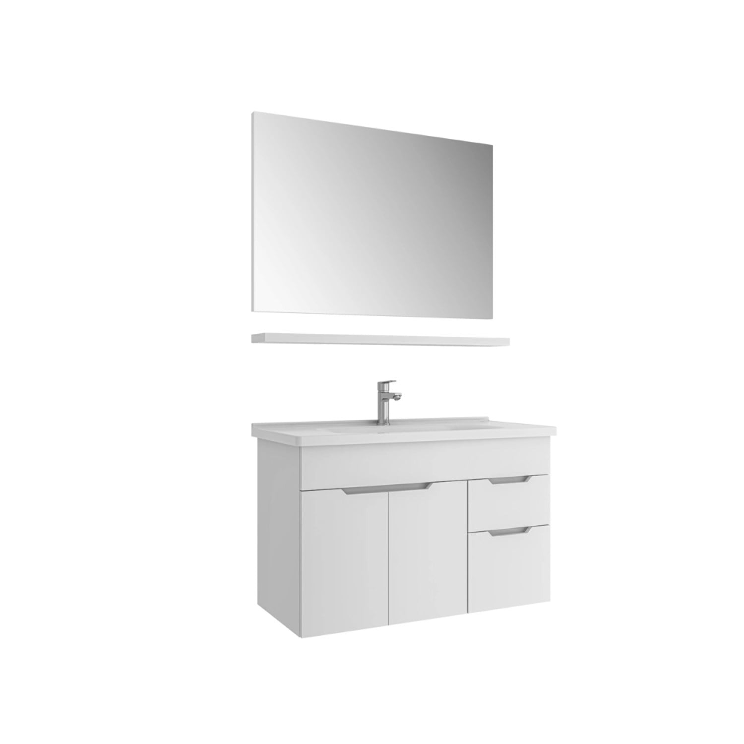 610100200910STORA 100 CM PARLAK BEYAZ ALT DOLAP + ETAJERLİ LAVABO + 100 CM AYNA DOLAP