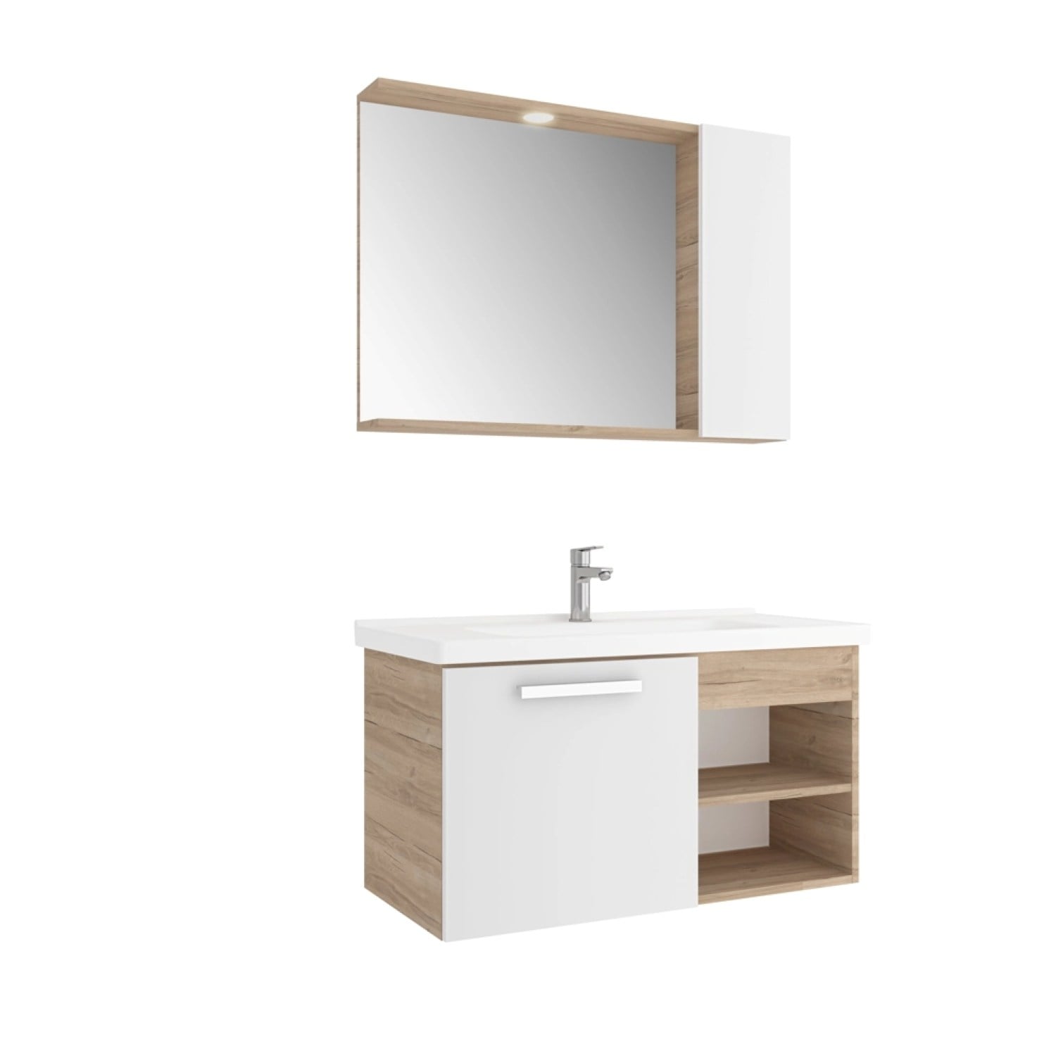 610100201194MARE 100 CM BEYAZ KREM MEŞE ALT DOLAP + ETAJERLİ LAVABO + SPOT AYDINLATMALI 100 CM BEYAZ KREM MEŞE AYNA DOLAP