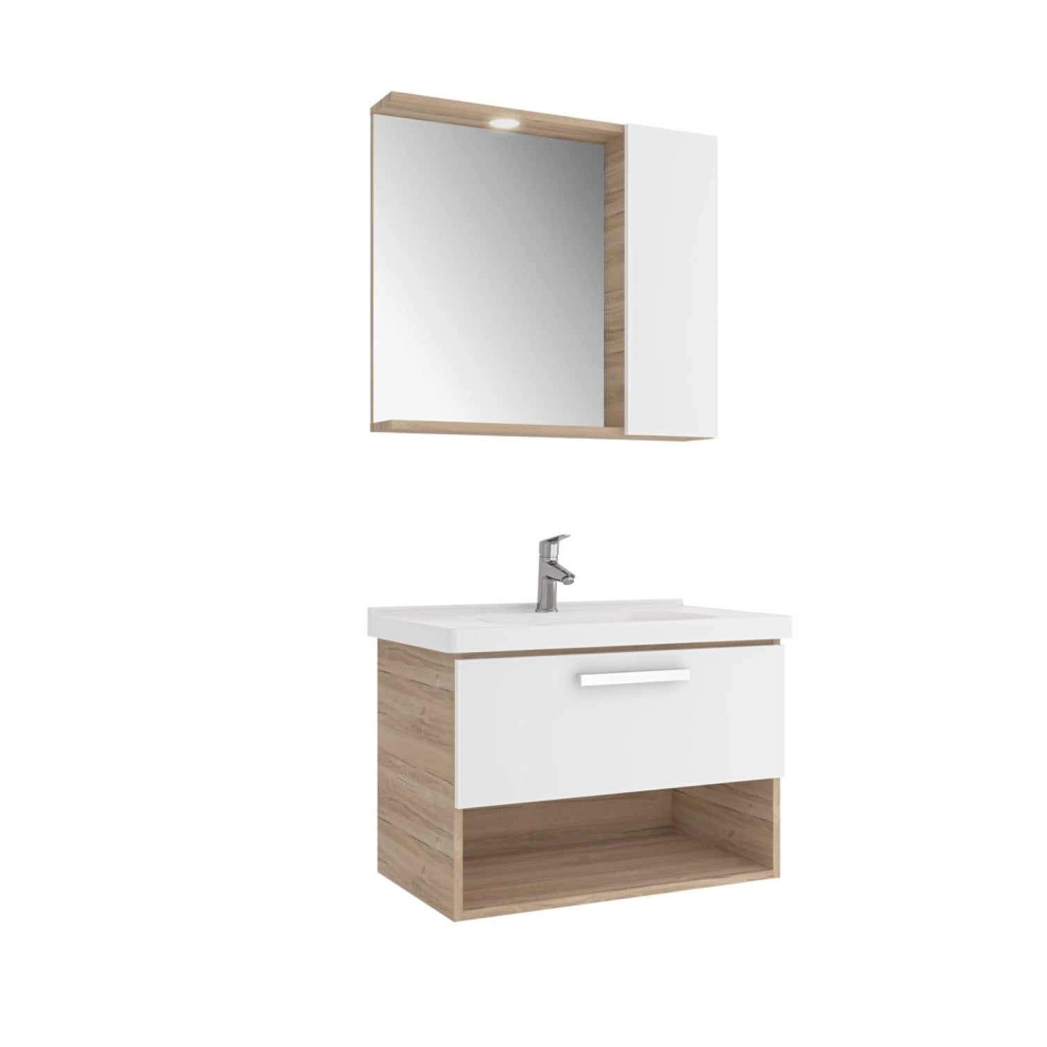 610100201198TREVI 80 CM SOFT BEYAZ MODERN MEŞE ALT DOLAP + LAVABO + 80 CM SPOT AYDINLATMALI YARIM DOLAPLI AYNA