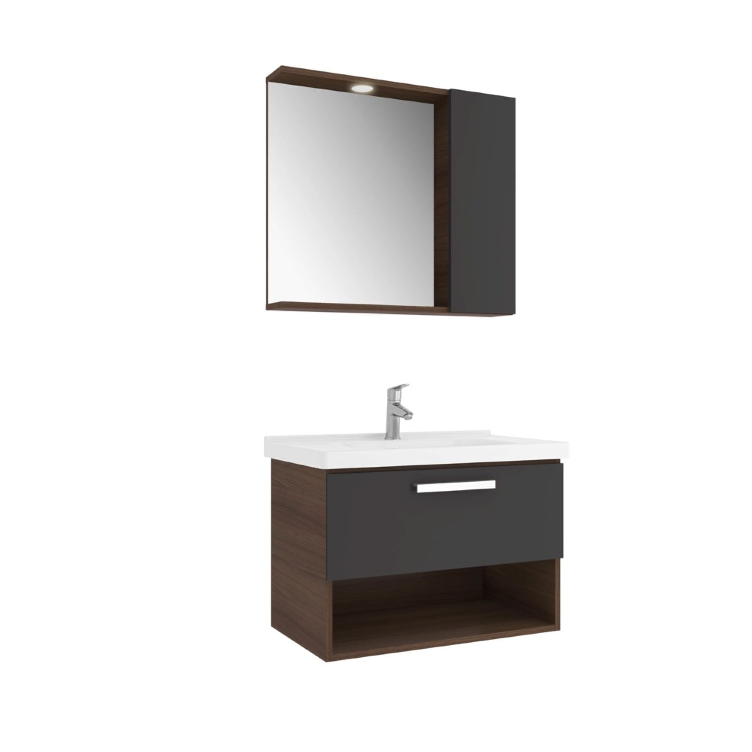 610100201199TREVI 80 CM MAT ANTRASIT MODERN CEVIZ ALT DOLAP + LAVABO + 80 CM SPOT AYDINLATMALI YARIM DOLAPLI AYNA