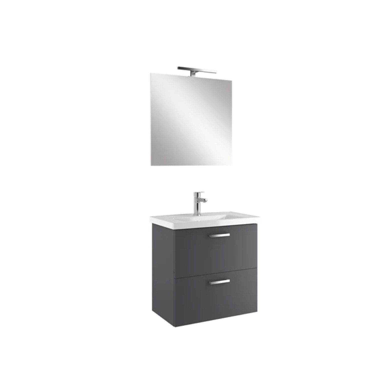 610100202037NOAH PLUS 65 CM ANTRASIT ÇİFT ÇEKMECELİ ALT DOLAP + LAVABO + 65 CM ANTRASIT RAFLI AYNA DOLAP
