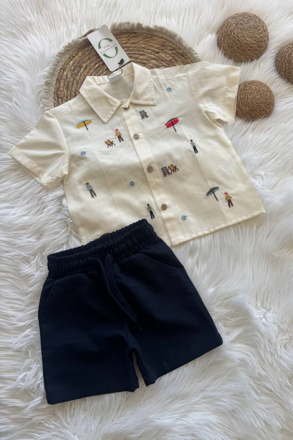 Erkek Çocuk Nakış İşlemeli Gömlek ve Denim Şort Takım
