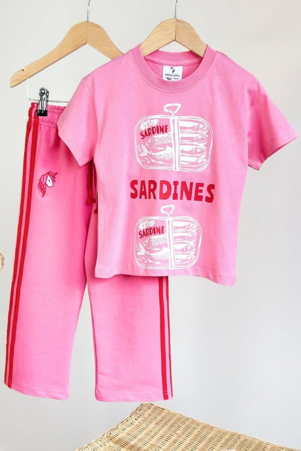 Kız Çocuk Baskılı Tişört ve Eşofman Takım Pembe