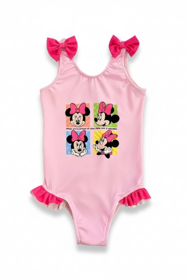 Kız Çocuk Pamuklu Fiyonk Detaylı Minnie Mouse Askılı Mayo