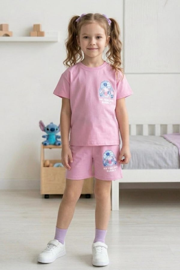 Kız Çocuk Stitch Baskılı Yazlık Tişört ve Şort Takım