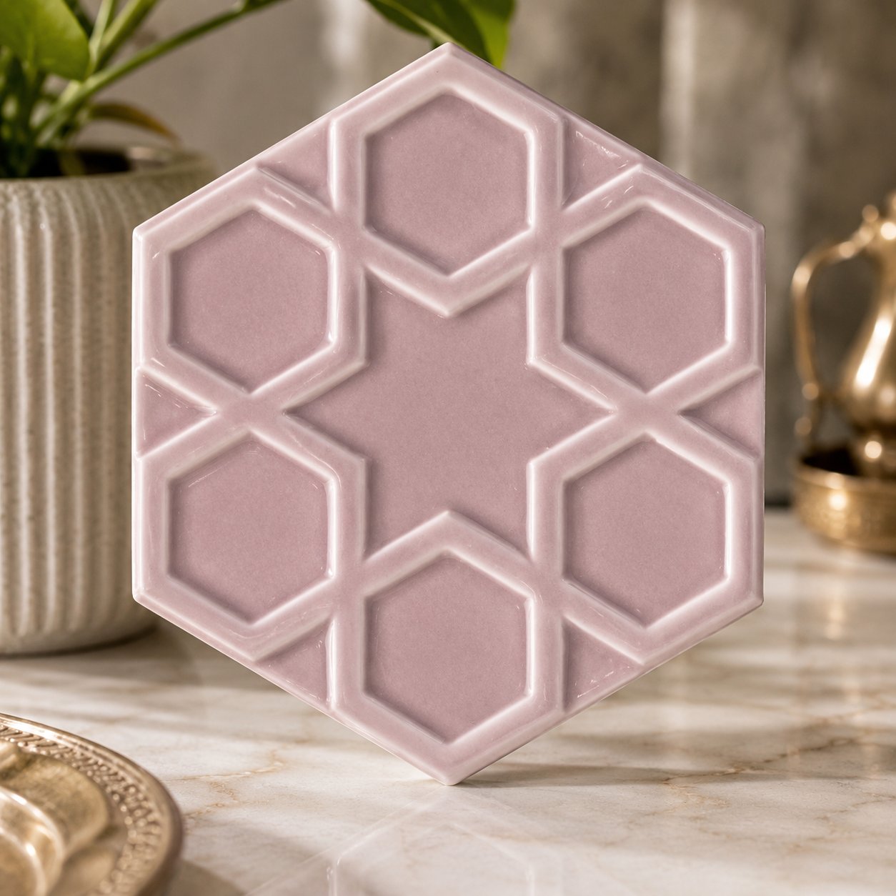 Armada Çini 15x17 Cm Rölyefli Yıldız Açık Pembe Altıgen Seramik 