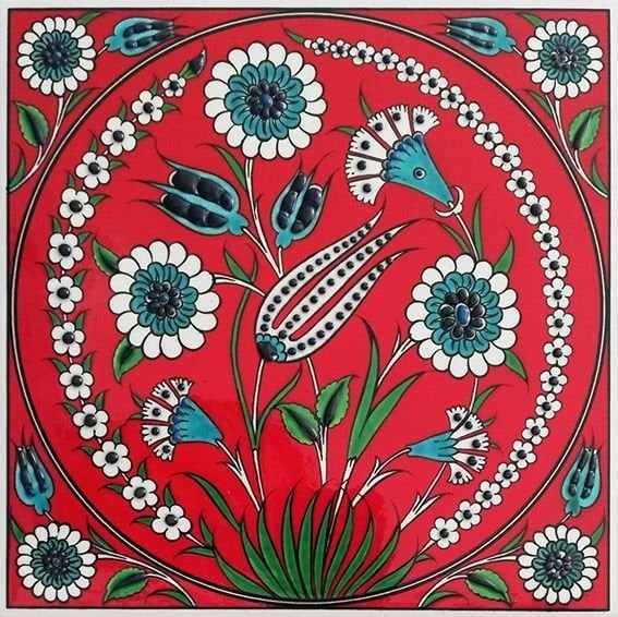 Armada Çini 20x20 Cm ED 340 Kırmızı Lale Desenli Eldekoru Çini karo