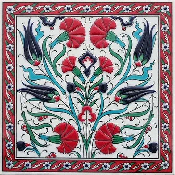 Armada Çini 20x20 Cm ED 361 Lale Karanfil Kırmızı Kobalt Desenli Eldekoru Çini karo