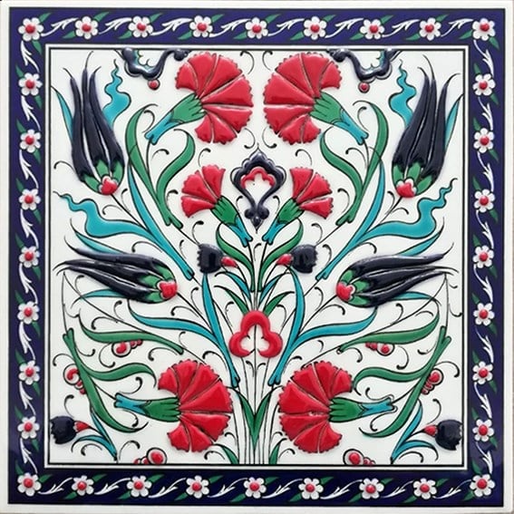 Armada Çini 20x20 Cm ED 362 Lale Karanfil Kırmızı Kobalt Desenli Eldekoru Çini karo