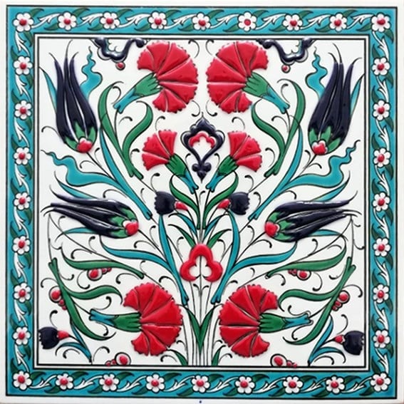 Armada Çini 20x20 Cm ED 363 Lale Karanfil Turkuaz Kırmızı Kobalt Desenli Eldekoru Çini karo
