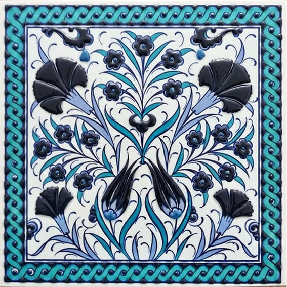 Armada Çini 20x20 Cm ED 366 Lale Karanfil Turkuazx koballt Desenli Eldekoru Çini karo