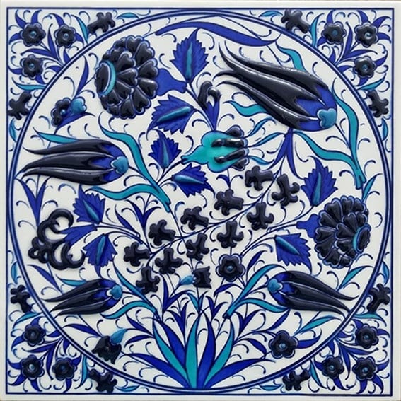Armada Çini 20x20 Cm ED 368 Lale Karanfil Kobalt Desenli Eldekoru Çini karo