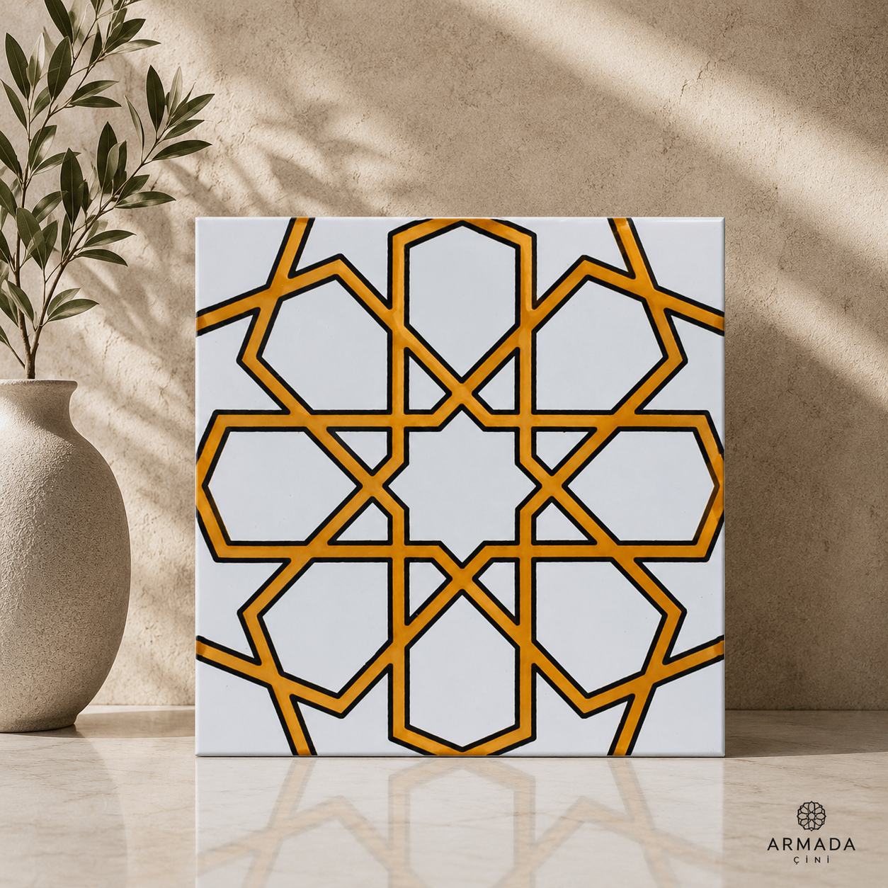 Armada Çini 20x20 Cm SP 89-v Sarı Beyaz Türkmen Yıldızı Çini Karo