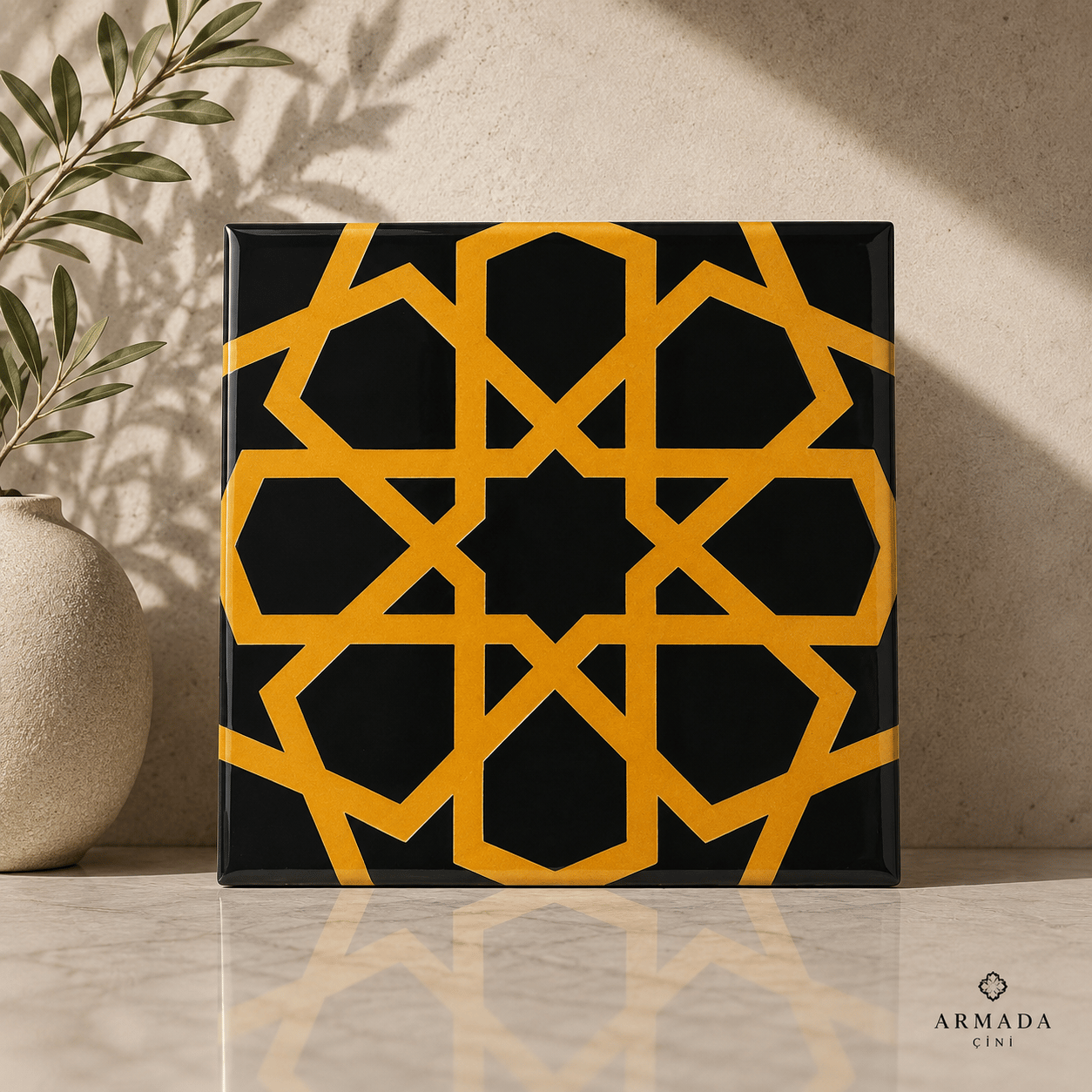 Armada Çini 20x20 Cm SP 89-v Sarı Siyah Türkmen Yıldızı Çini Karo