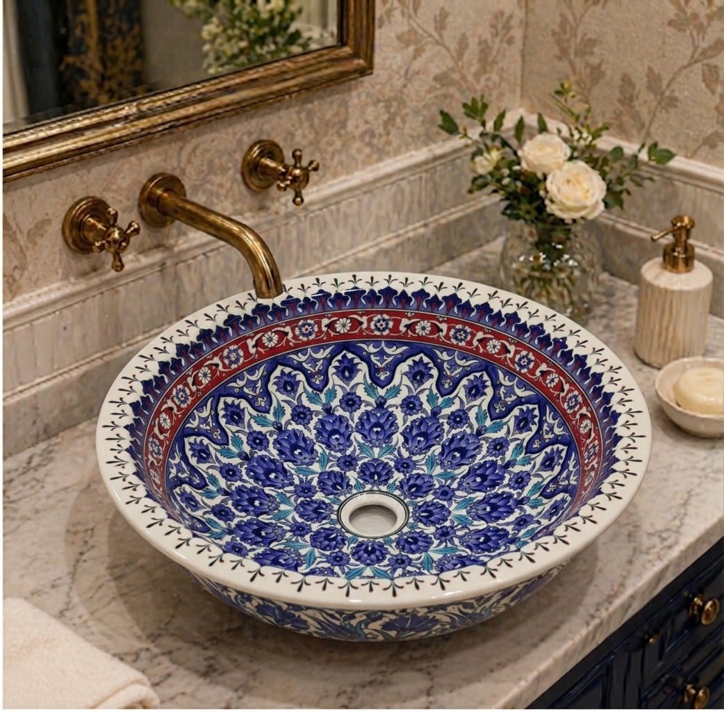 Armada Çini Dantel Desenli El Yapımı Tezgah Üstü Çini Lavabo
