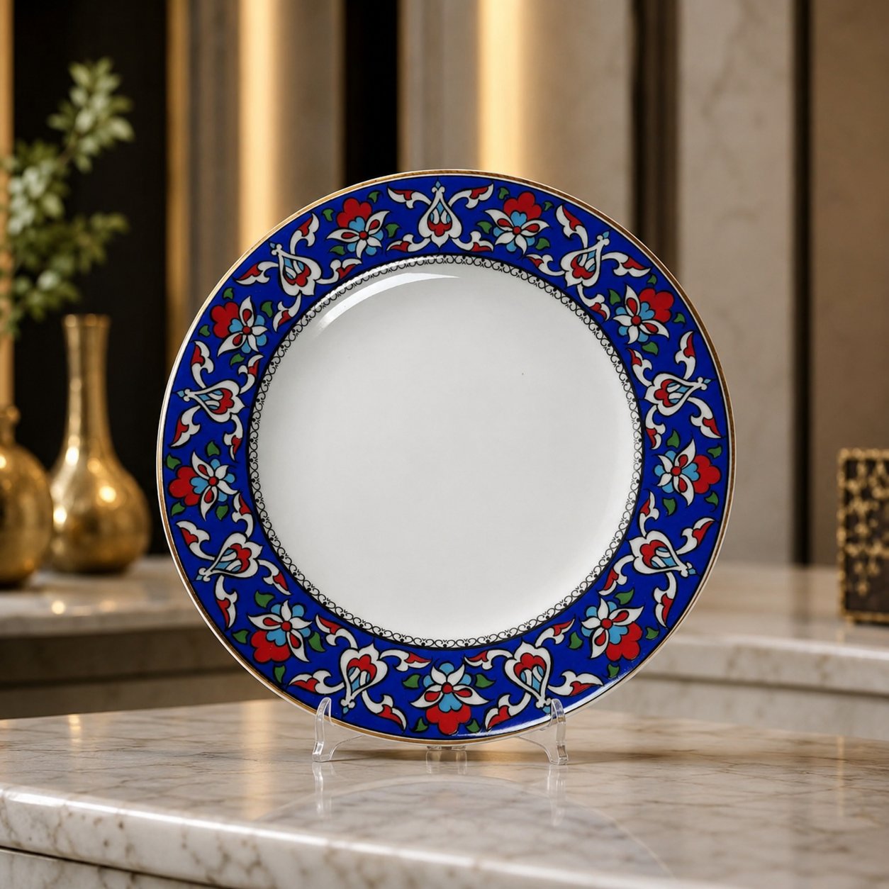 Armada Çini PRT 123 25 cm iznik mavi çiçek desenli  porselen Kaligrafi çini tabak