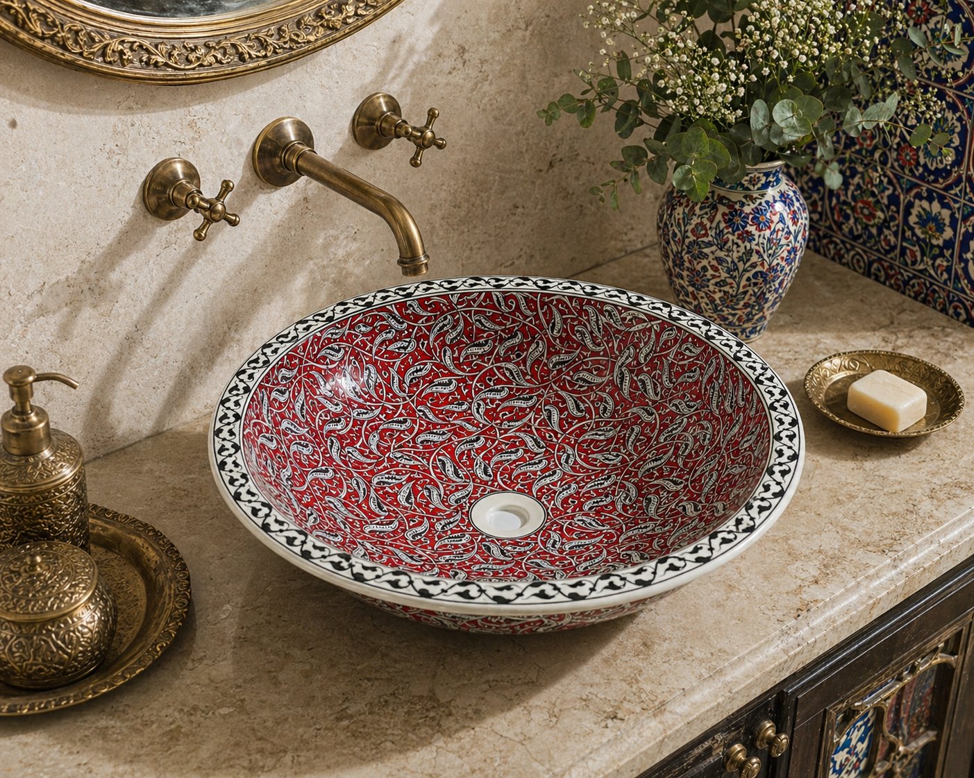 Armada Çini Rumi Desenli El Yapımı Tezgah Üstü Çini Lavabo