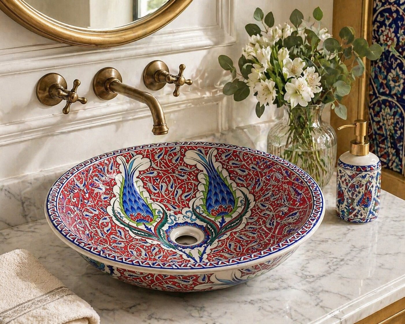 Armada Çini Şahlale Desenli El Yapımı Tezgah Üstü Çini Lavabo
