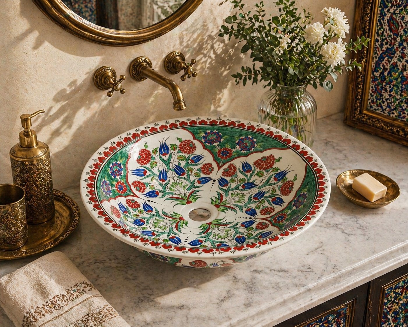 rmada Çini Yeşil Karanfil Desenli El Yapımı Tezgah Üstü Çini Lavabo