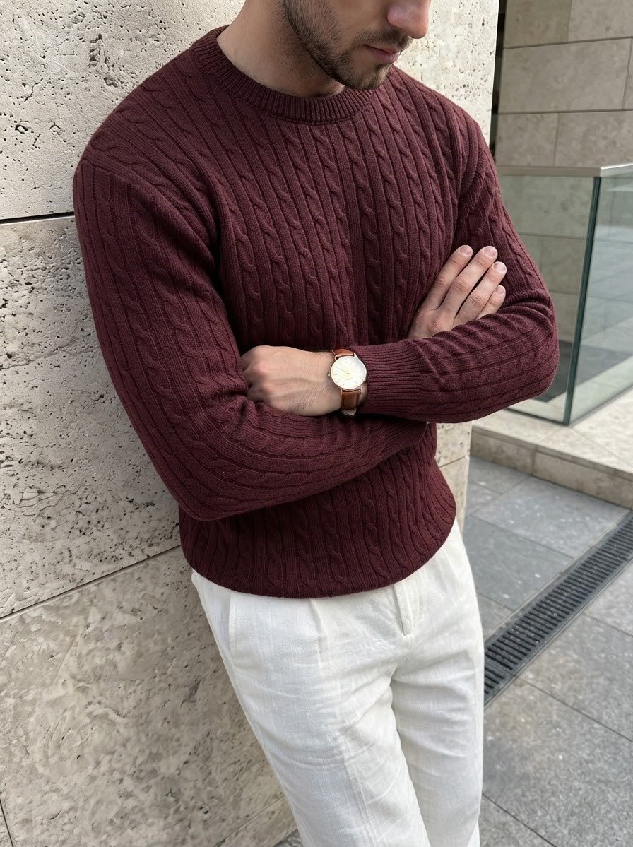 Bisiklet Yaka Saç Örgü Akrilik Bordo Rengi Triko