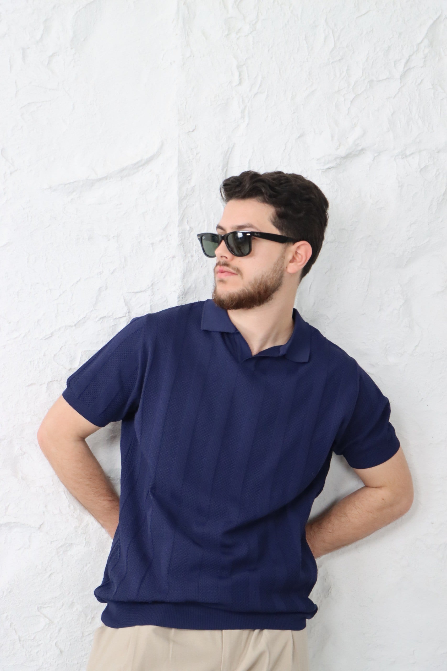Lacivert Fitilli Örme Polo Yaka T-shirt