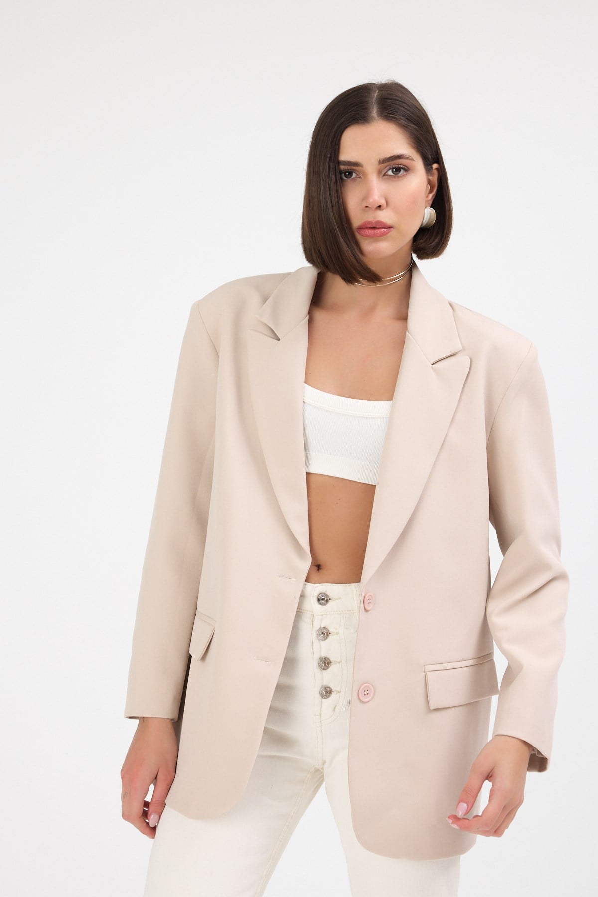 Kadın Oversize Bej Blazer Ceket