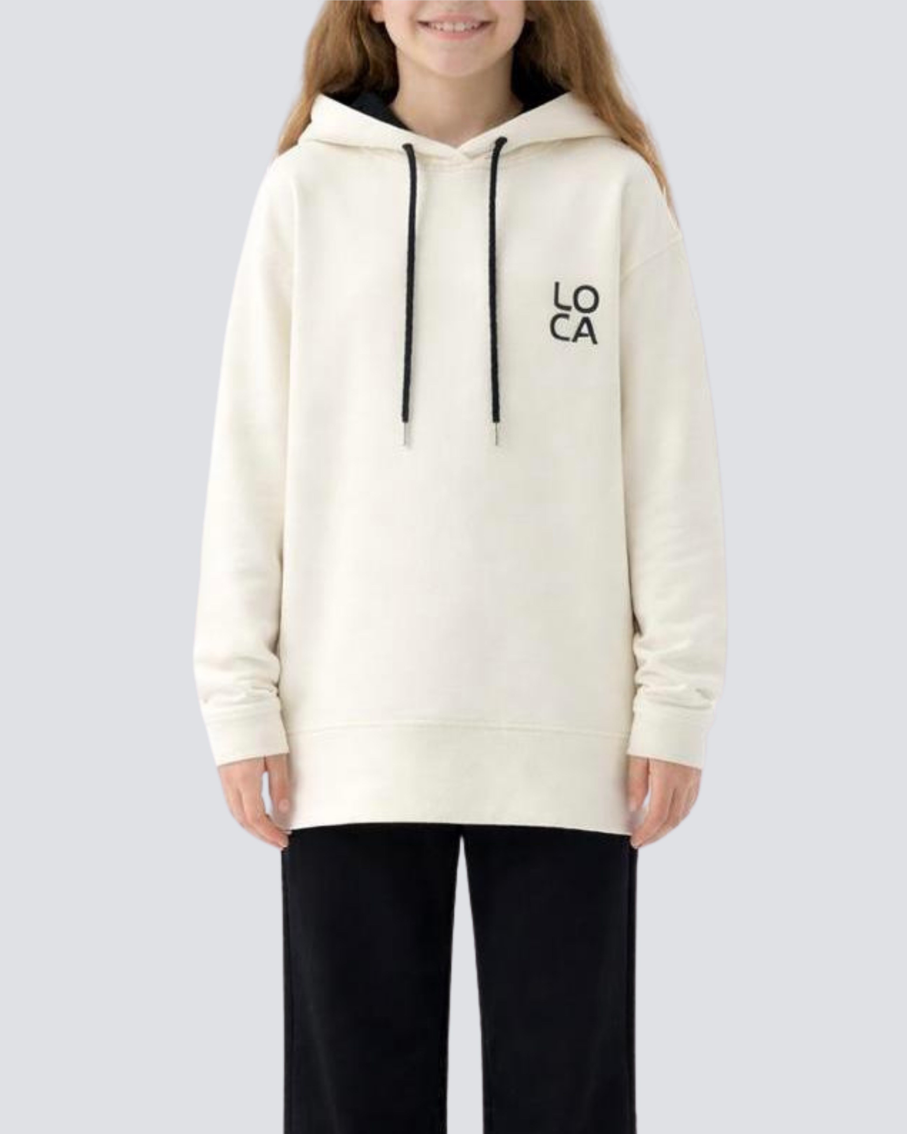 LOCA Baskılı Kapüşonlu Beyaz Uzun Sweatshirt