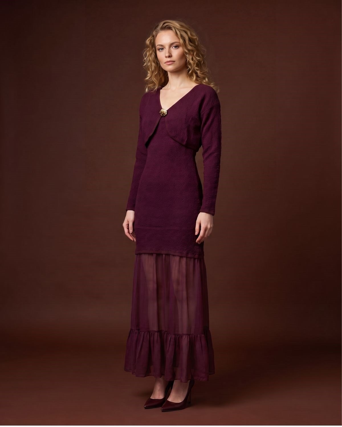 BORDO Gofre Dokulu Straplez Elbise ve Bolero Takım