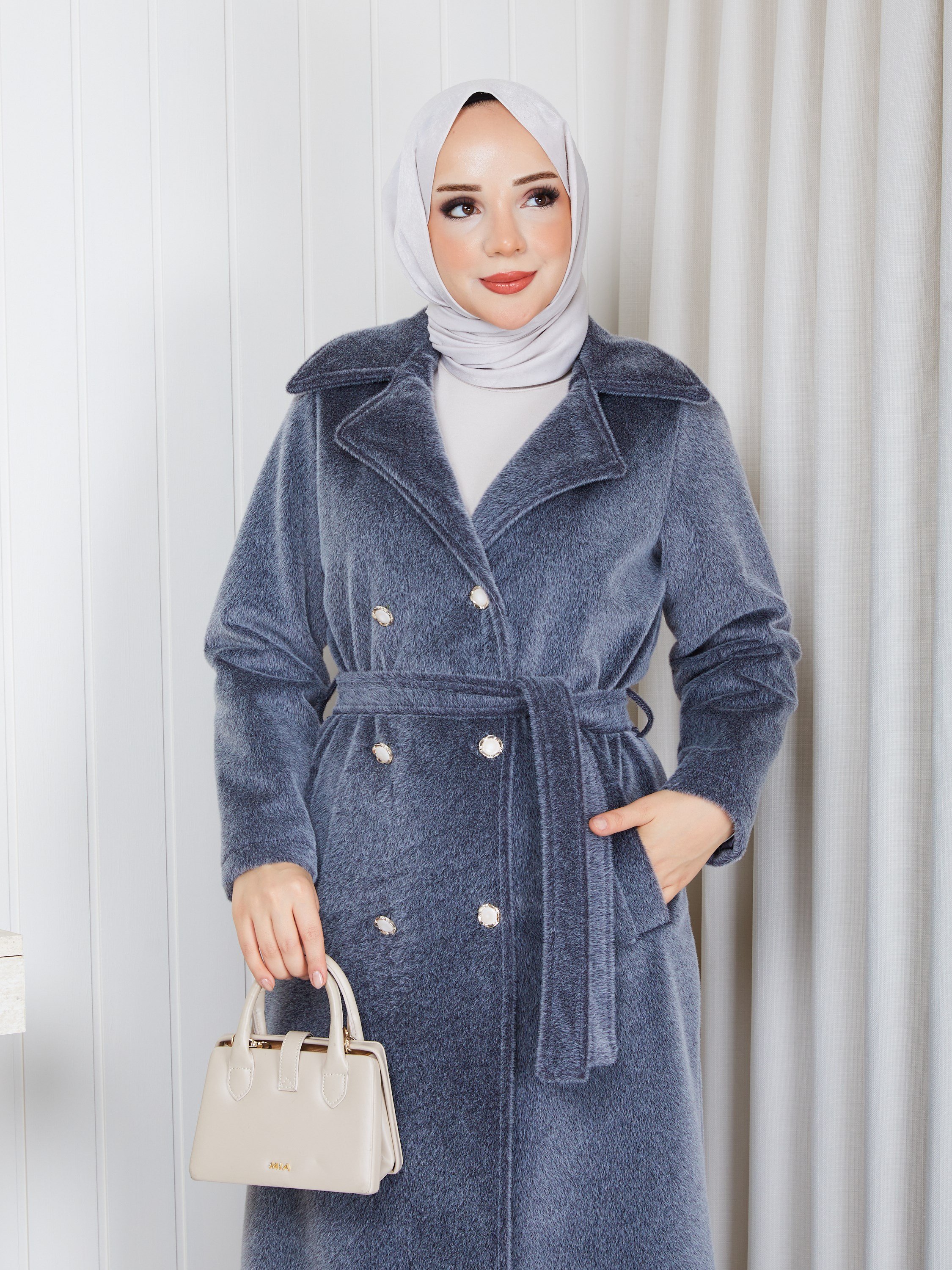 Angora Klasik Kemerli Şık Fox Kaban Gri