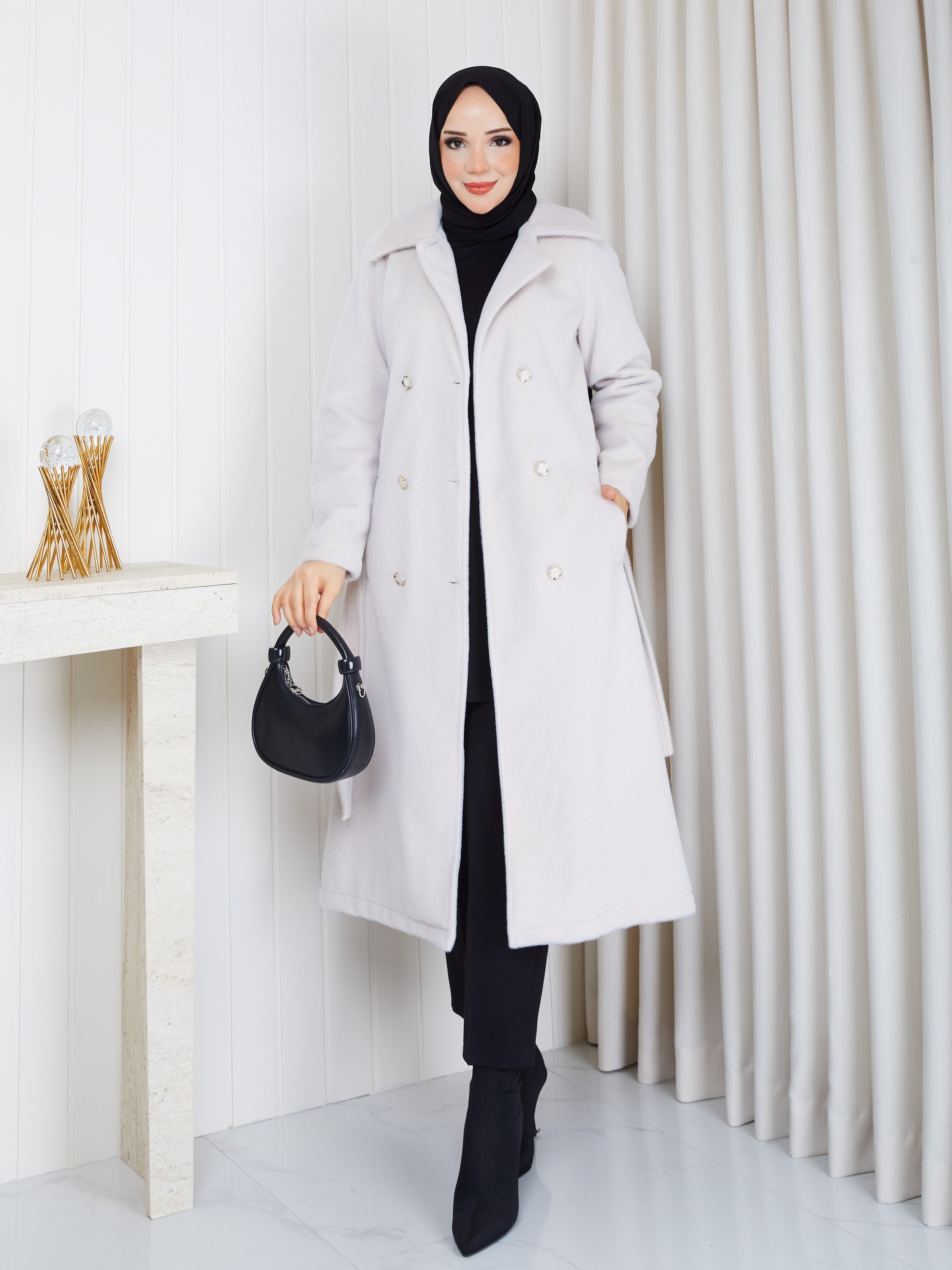 Angora Klasik Kemerli Şık Fox Kaban Krem
