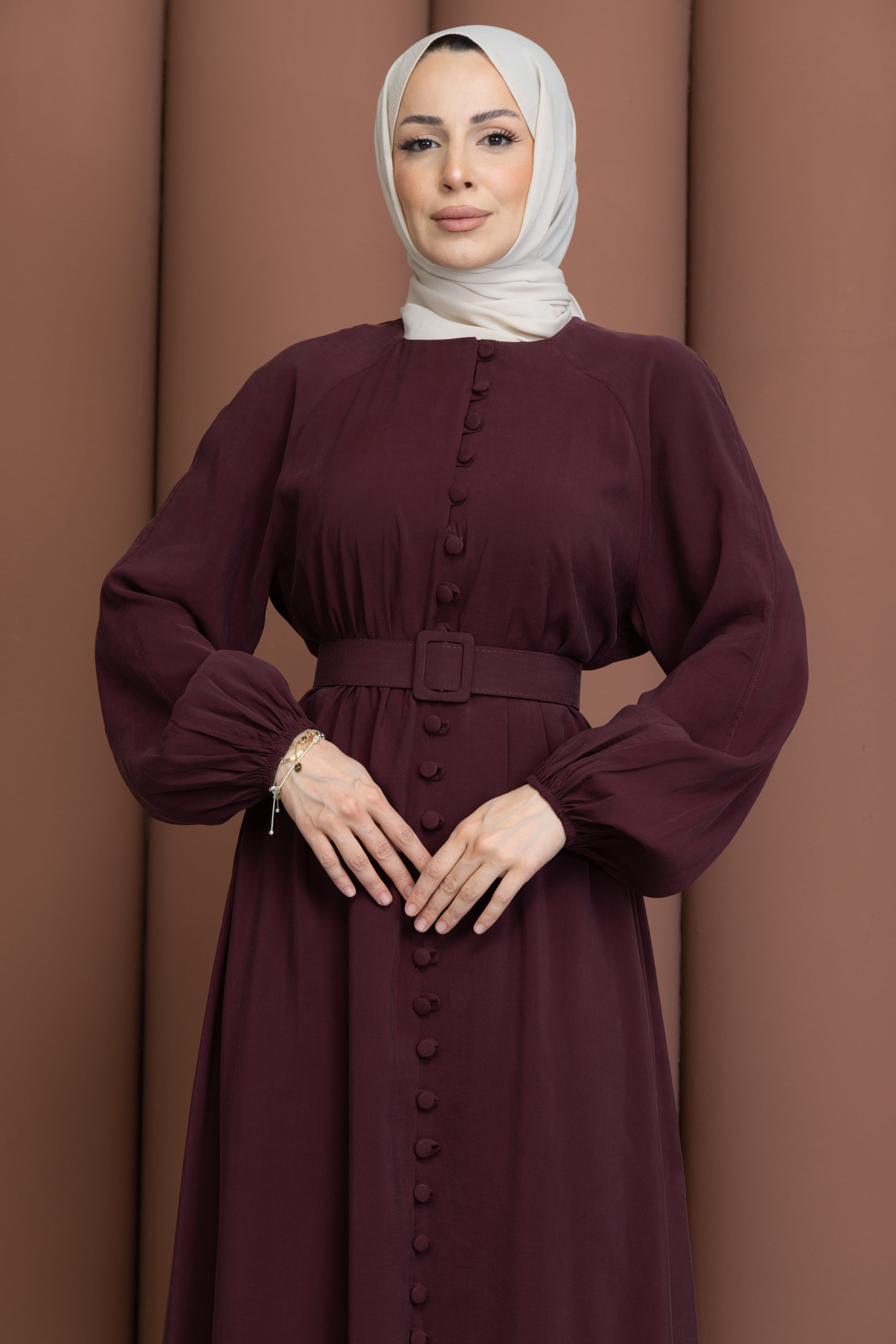Düğmeli Kemerli Elbise Mürdüm