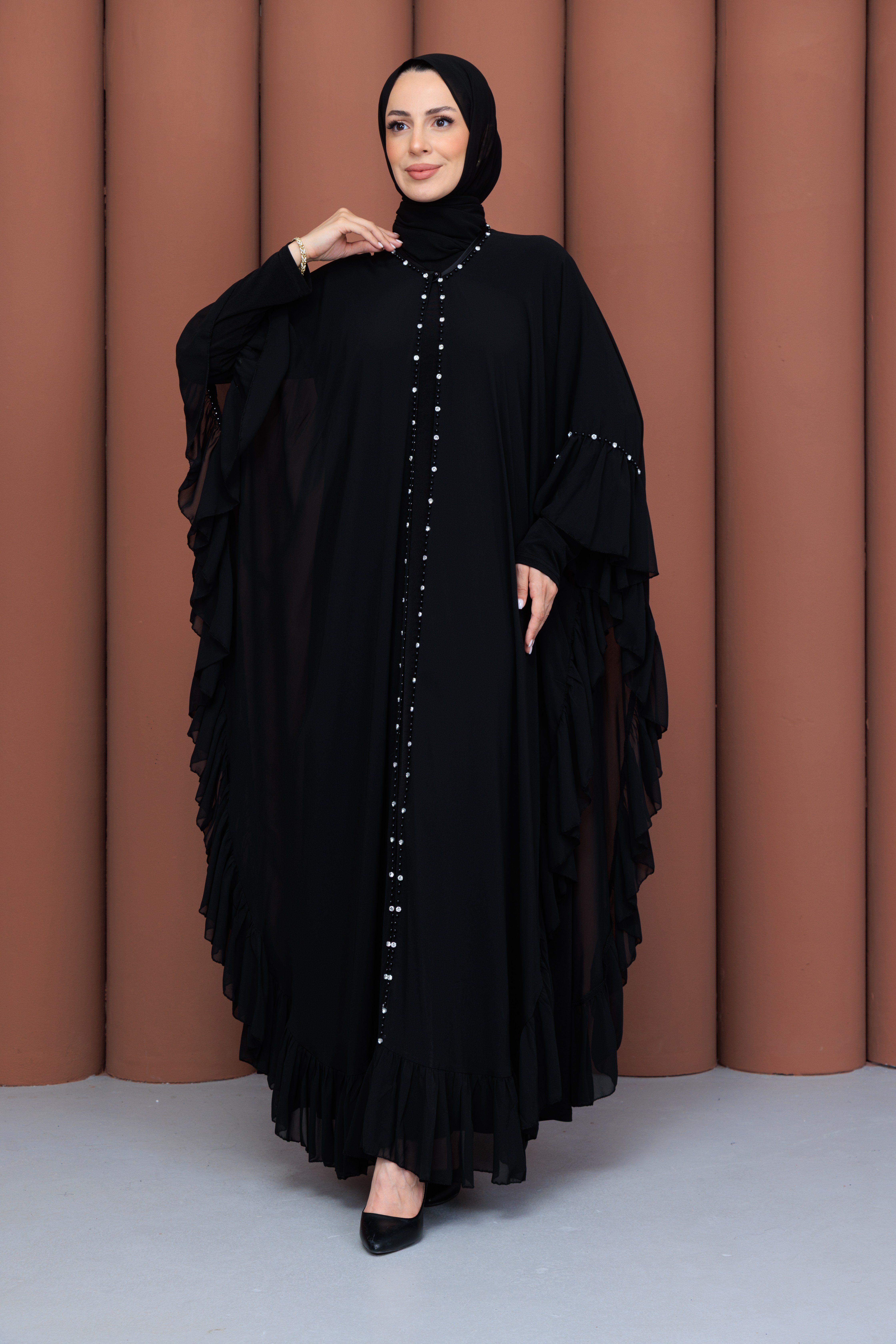 Taşlı Şifon Detaylı İçlikli Abaya  Siyah