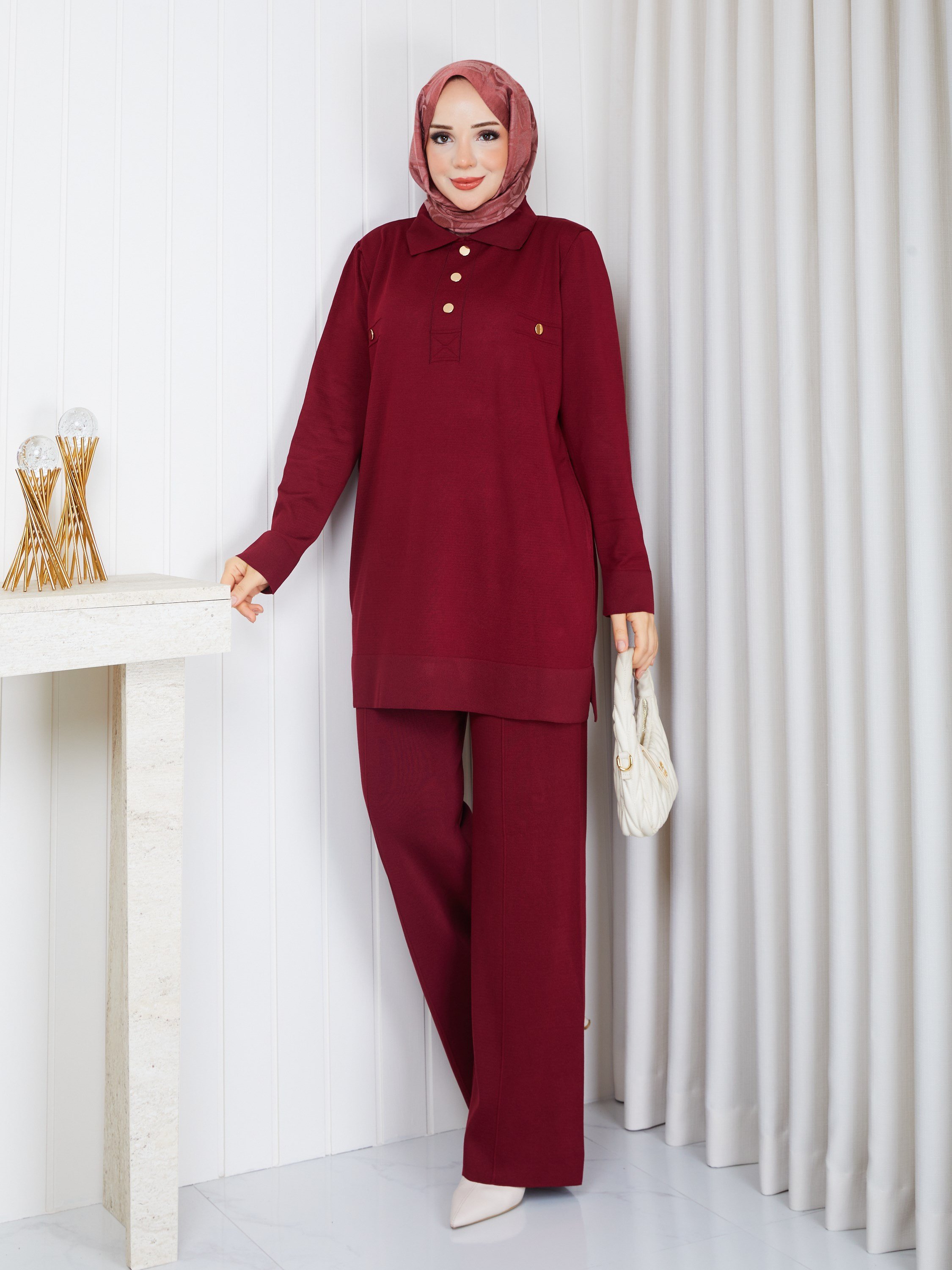 Triko Polo Yaka Pantolonlu İkili Takım Bordo