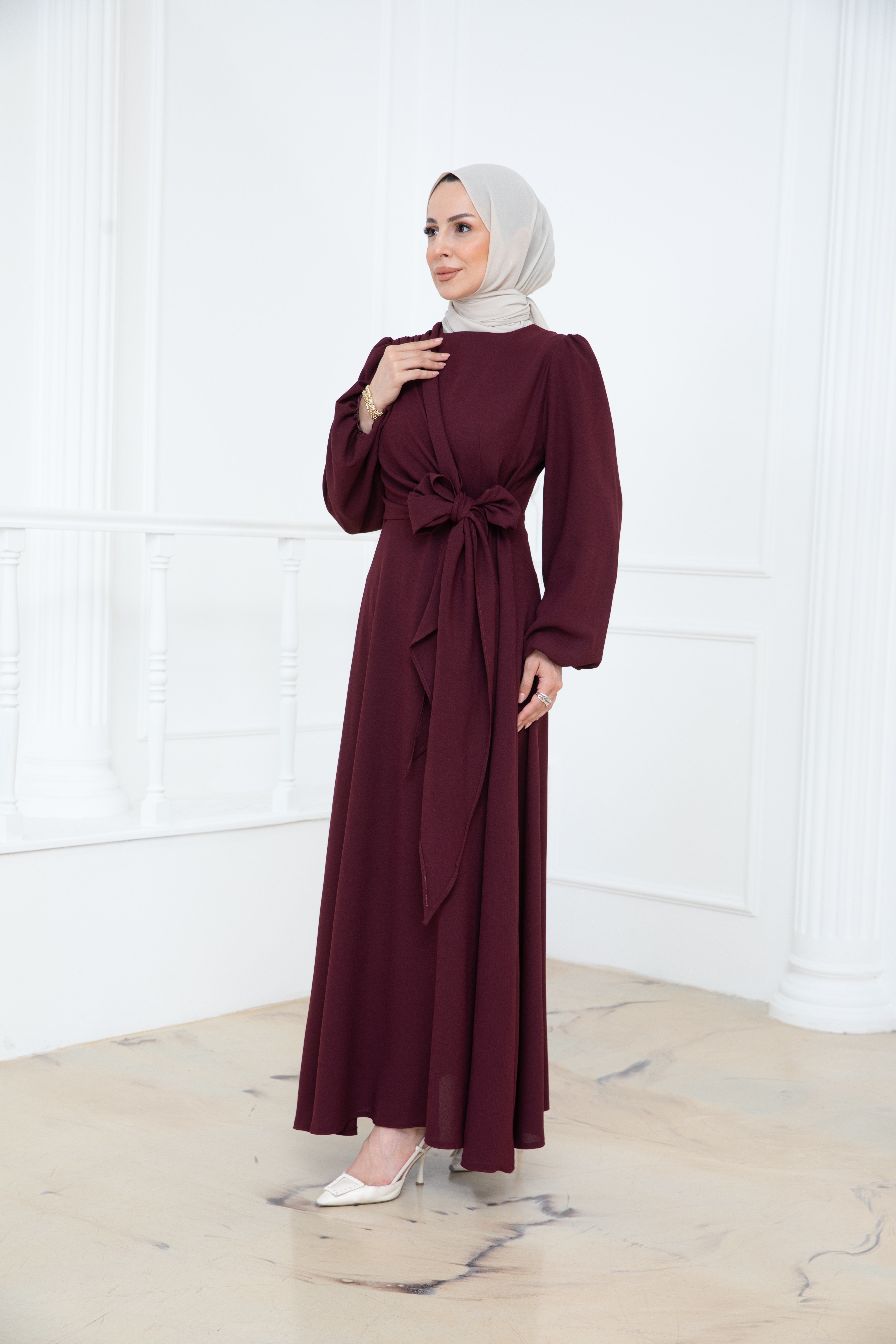 Yandan Bağlamalı Krep Elbise Mürdüm