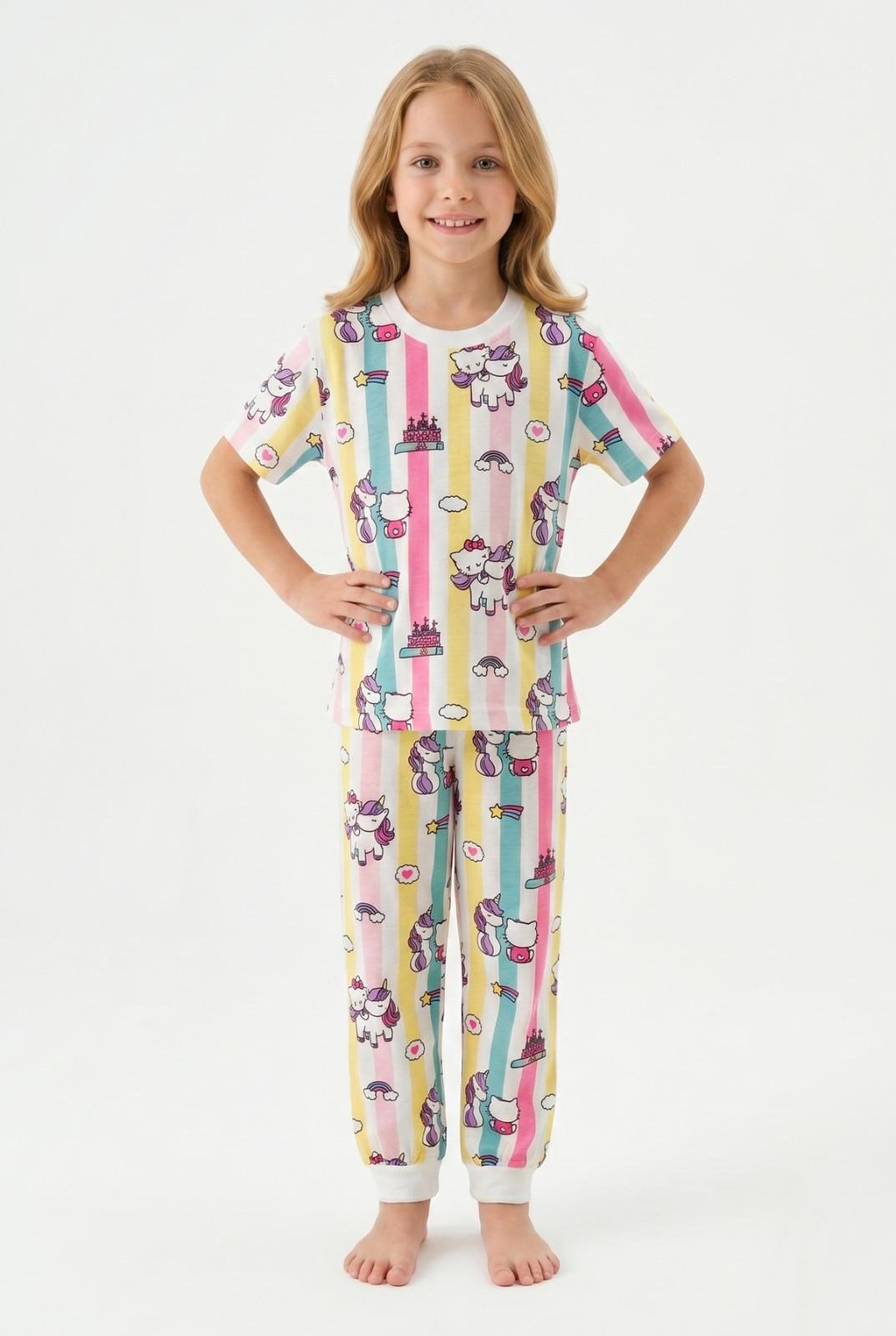 %100 Pamuk Yazlık Kısa Kollu Unicorn ve Kedi Desenli Kız Çocuk Pijama Takımı