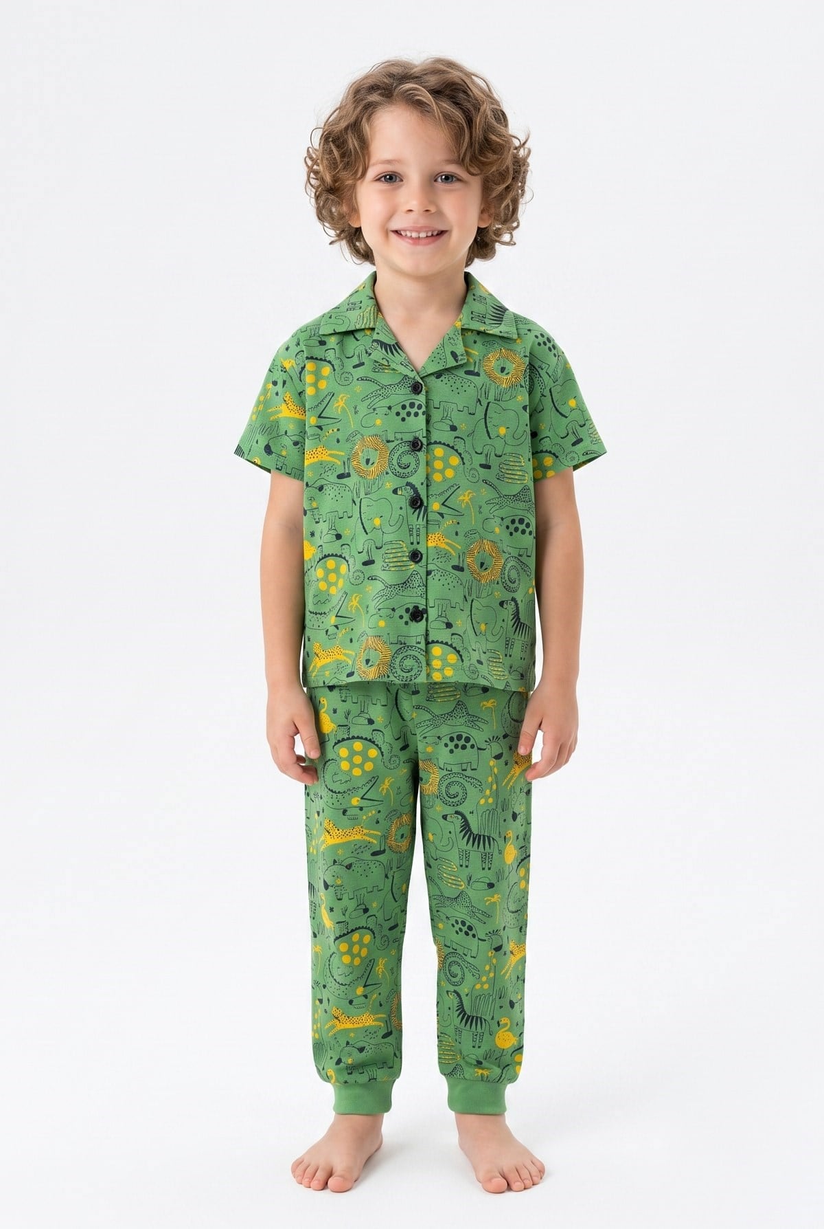 Dinozor Desenli Yazlık Erkek Çocuk Pijama Takımı - Düğmeli Gömlek Yakalı %100 Pamuklu Takım