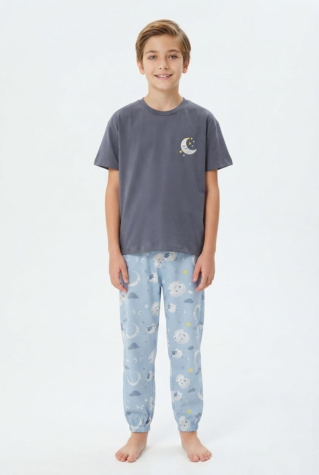 Erkek Çocuk Pijama Takımı %100 Pamuk Ay ve Yıldız Nakışlı Yazlık Kısa Kollu