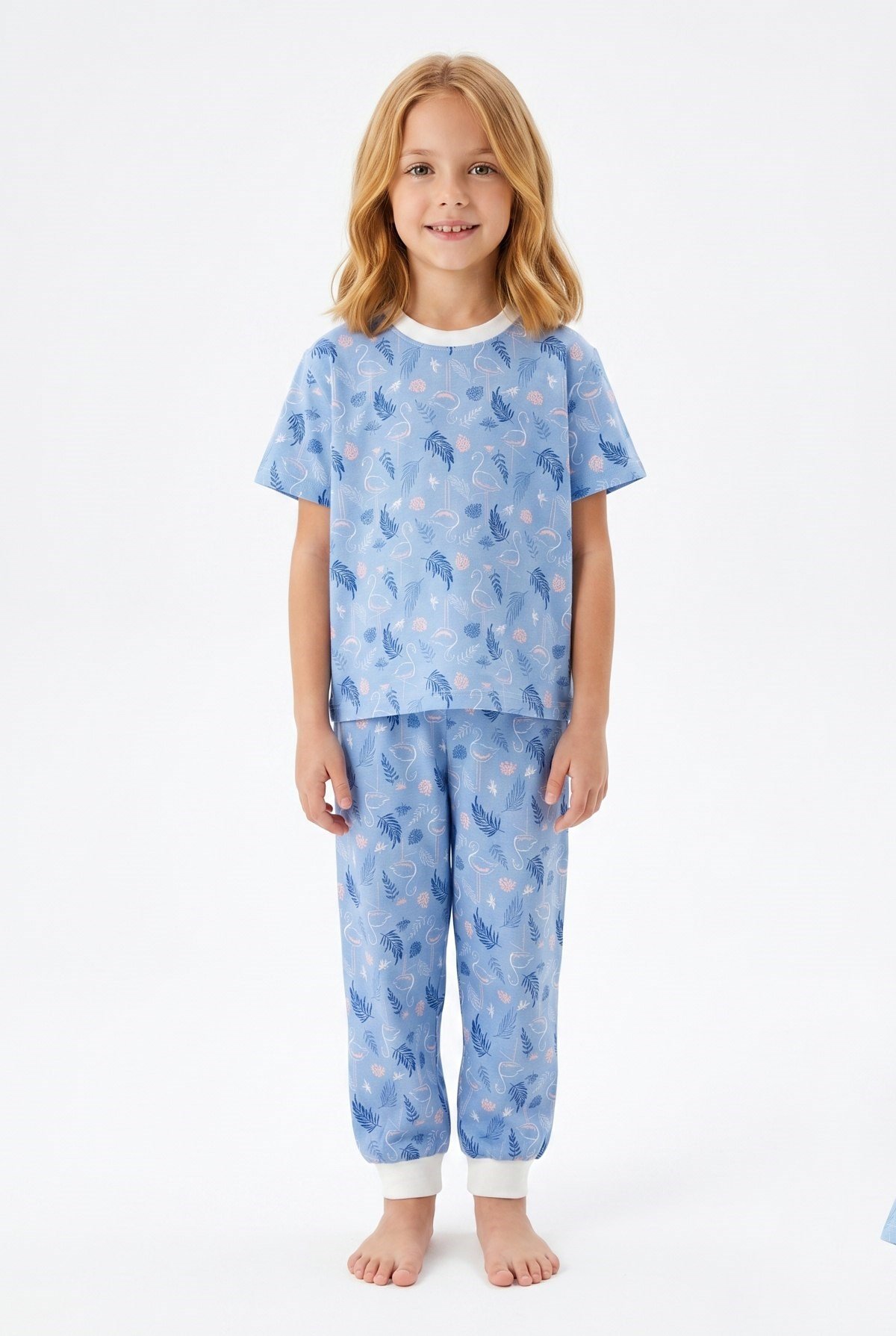 Kız Çocuk Pijama Takımı %100 Pamuk Flamingo Desenli Yazlık Kısa Kollu