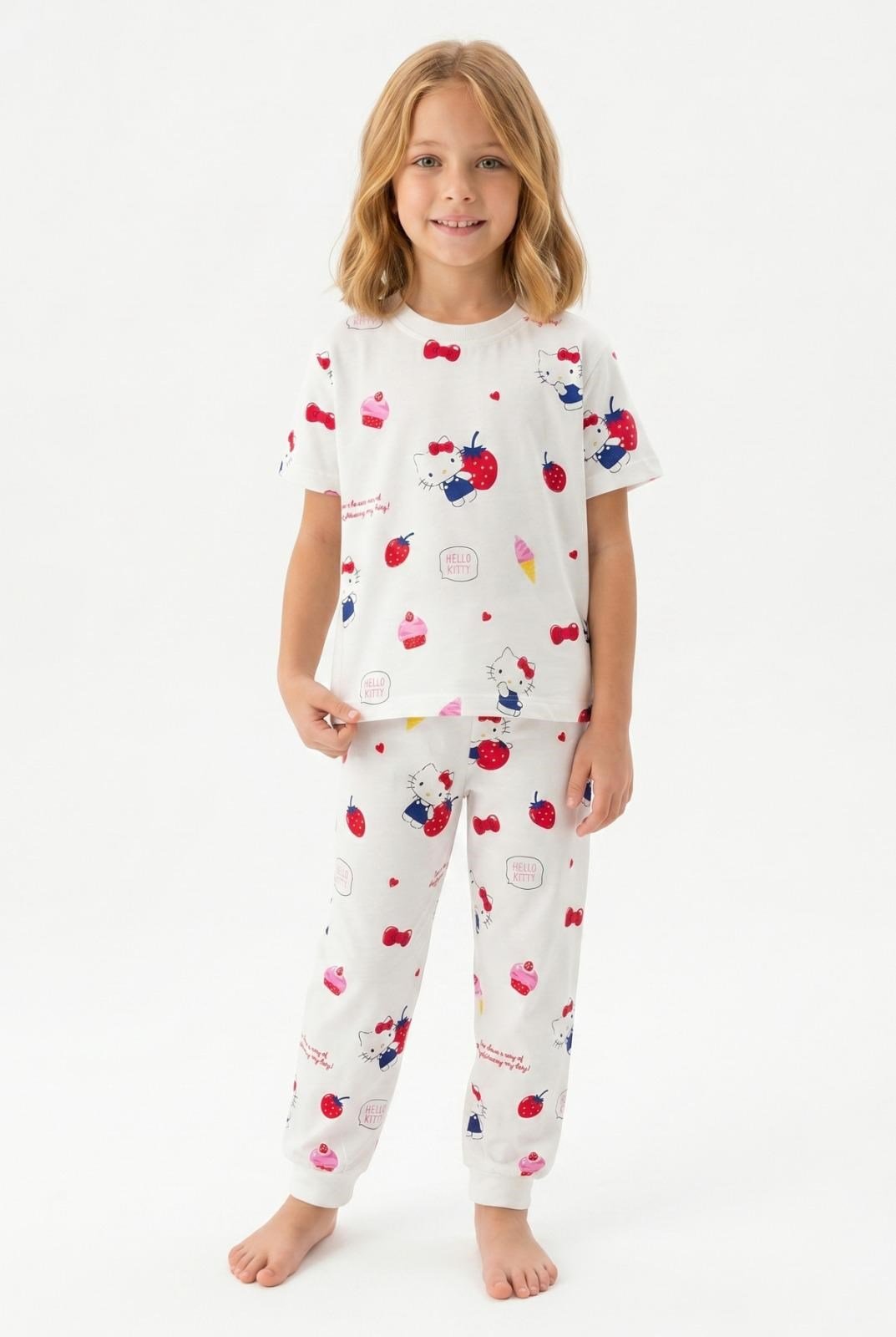 Kız Çocuk Pijama Takımı %100 Pamuk Kısa Kollu Yazlık Süprem Penye