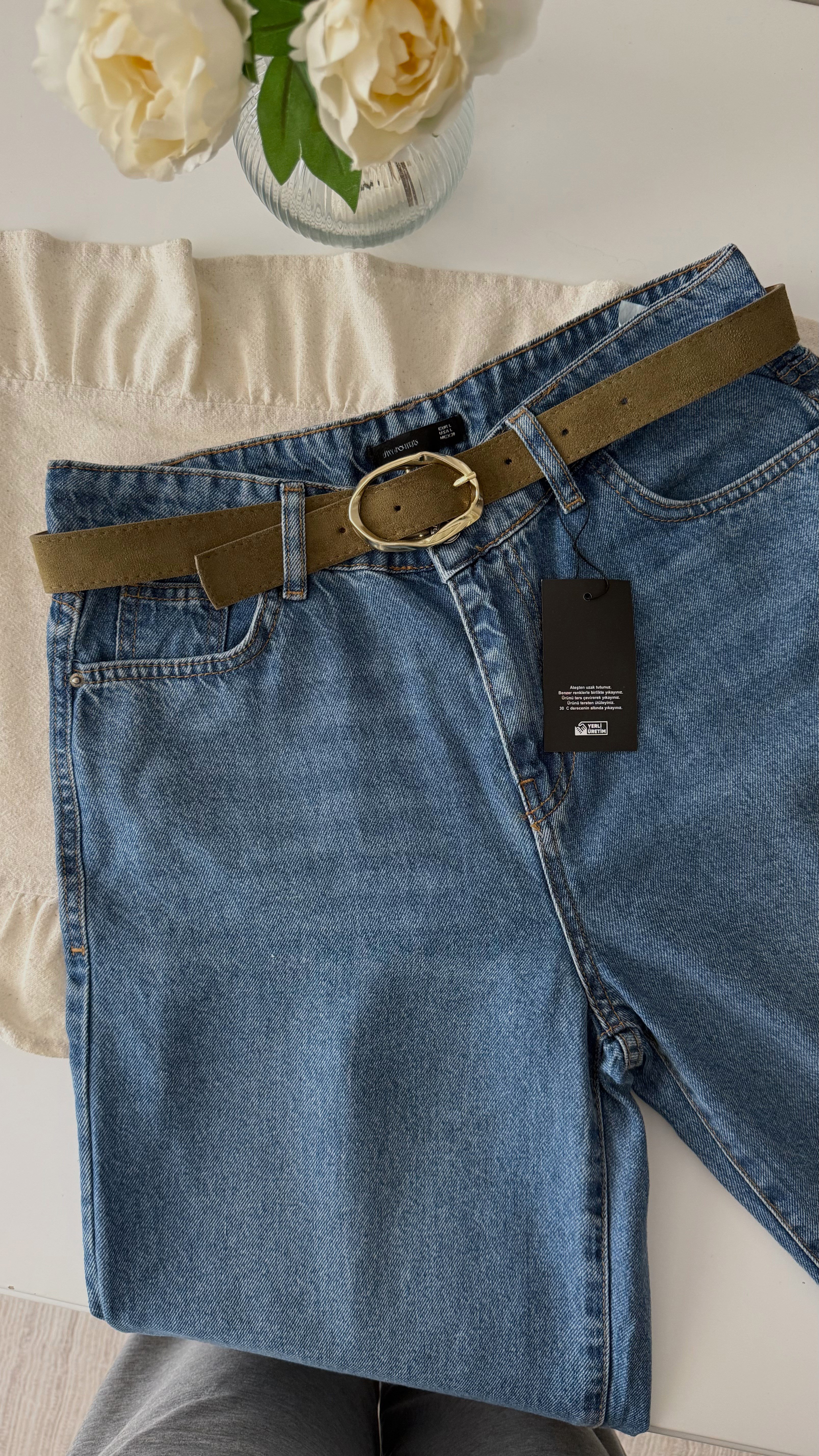 Tensel Karışımlı Kemerli Jean MAVİ 