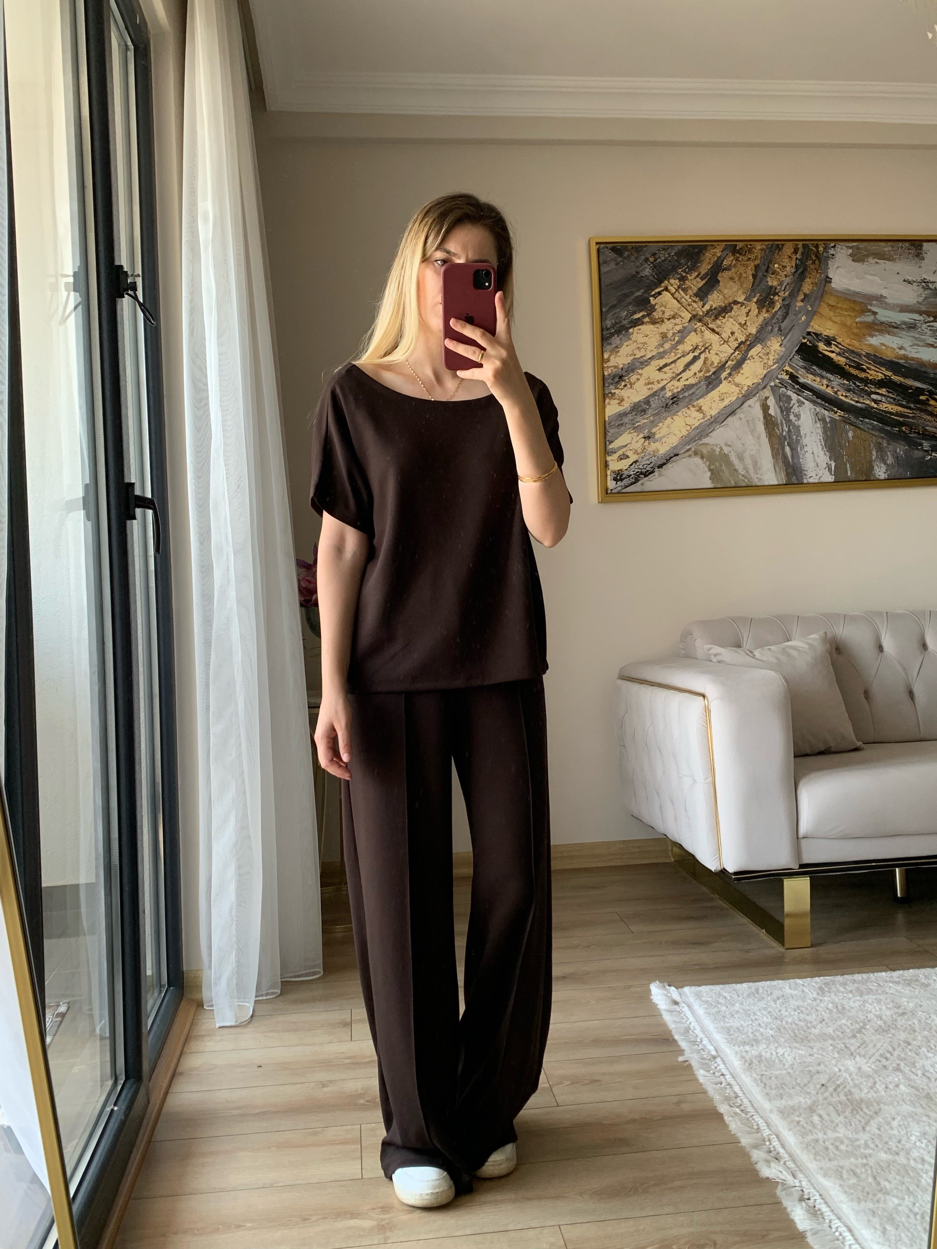 Kayık Yaka Kahverengi Modal Takım