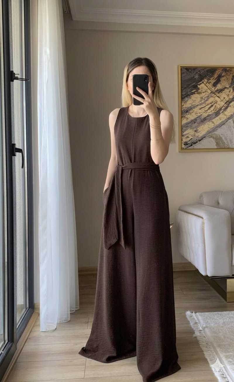 Kuşaklı Şık Kahverengi Tulum