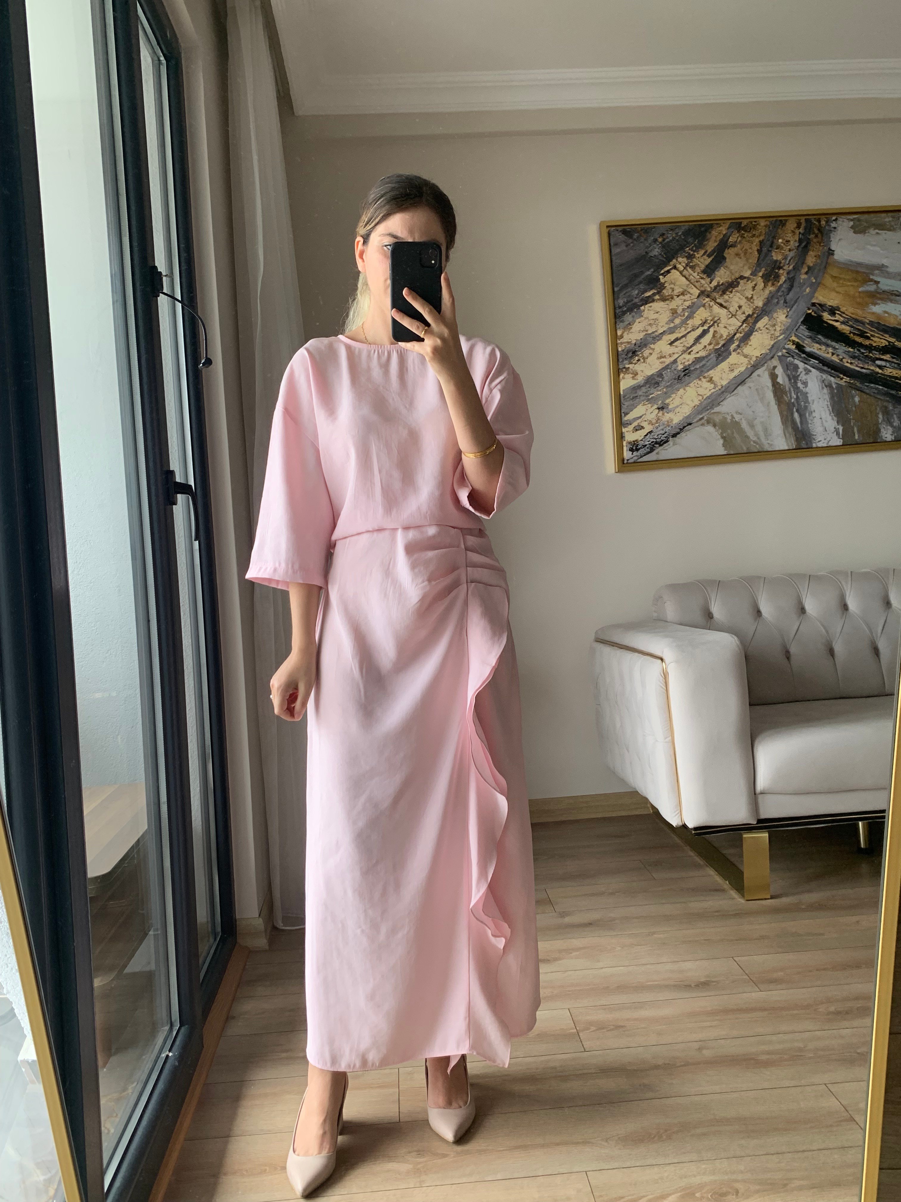 Volanlı Toz Pembe ZR Elbise