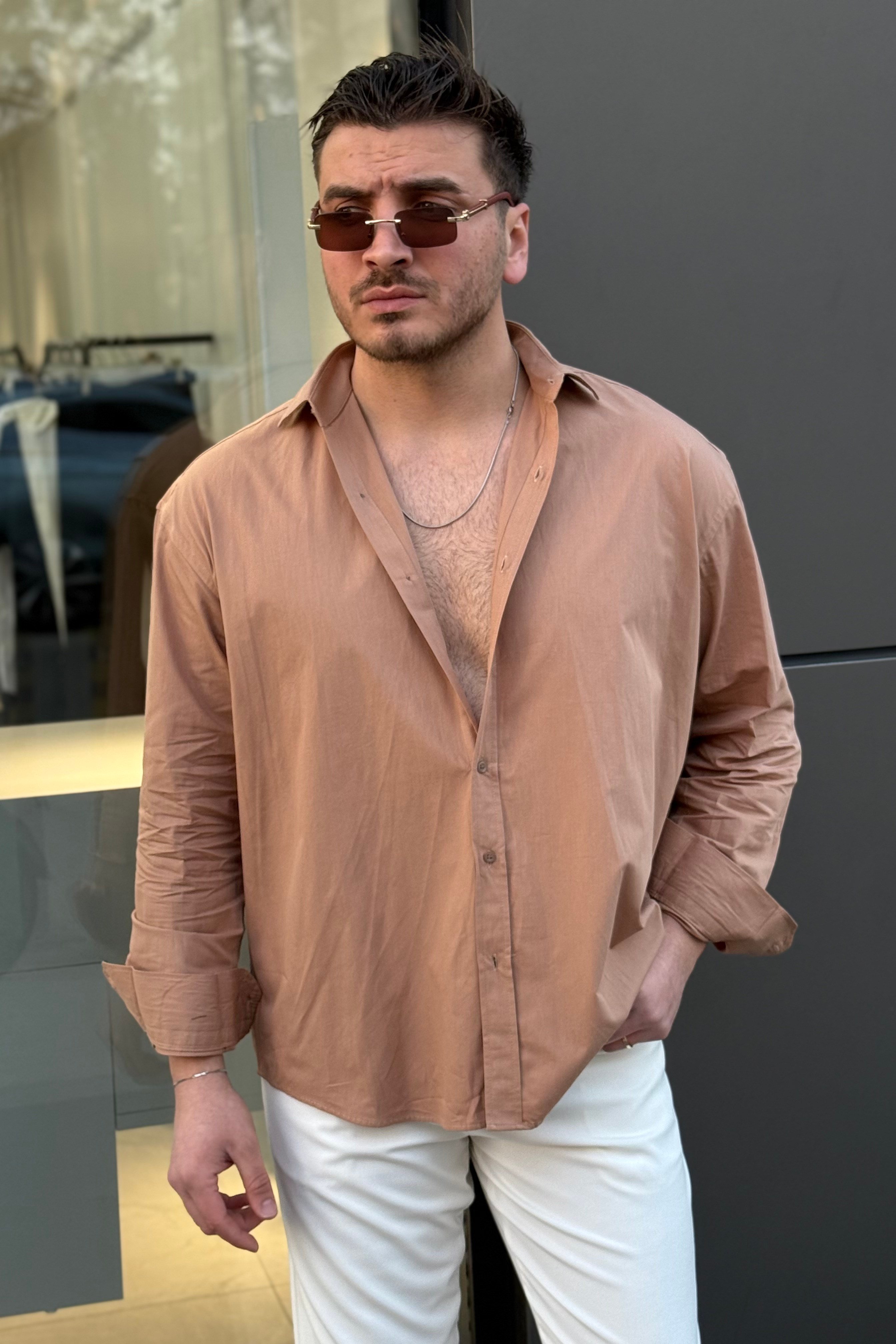 Basic Oversize Gömlek Sütlü Kahve